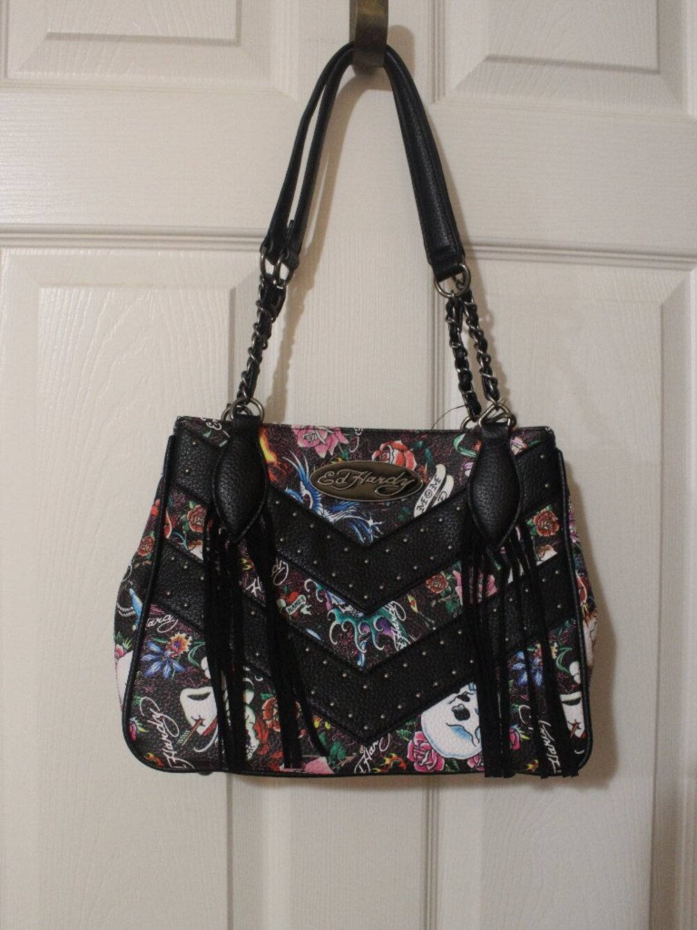Ed Hardy Black Tattoo Print Studded Fringe Tote